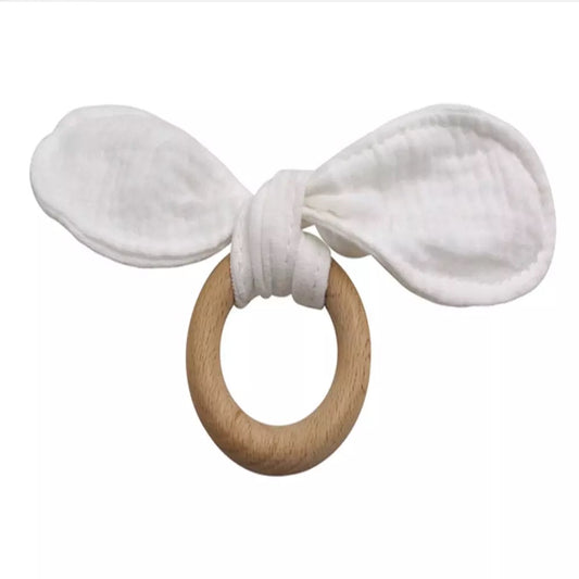 Natural Beech Wood Bunny Ear Teething Ring - White