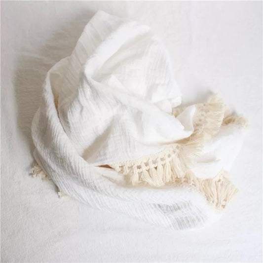 Muslin Tassel Blanket - White