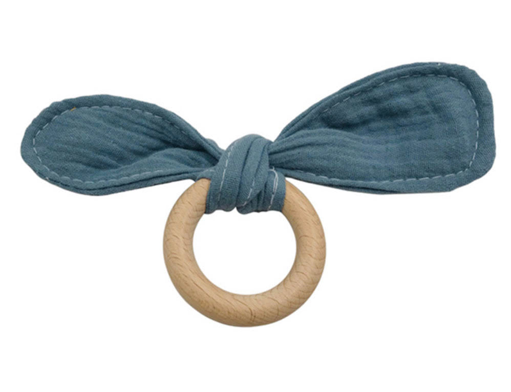 Natural Beech Wood Bunny Ear Teething Ring - Sea Green